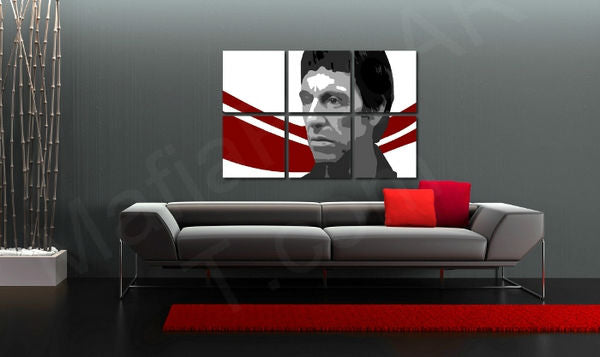 Рачно насликана слика на платно со мотив AL PACINO во бело-црно нијанси закачена во ентериер на дневна соба, урбана атмосфера, градски живот и поп култура – ентериер