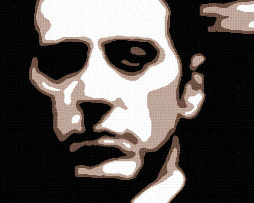 Рачно насликана слика на платно со мотив GODFATHER во црно-бело нијанси, драматична атмосфера, минимализам | Рачно насликана POP Art слика GODFATHER – производ, поглед 2