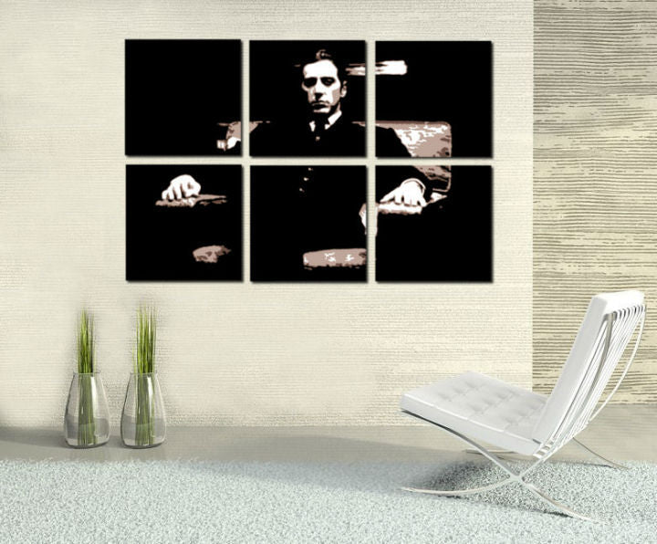 Рачно насликана слика на платно со мотив GODFATHER во црно-бело нијанси, драматична атмосфера, минимализам | Рачно насликана POP Art слика GODFATHER – главна