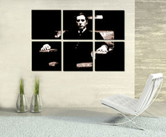 Рачно насликана слика на платно со мотив GODFATHER во црно-бело нијанси, драматична атмосфера, минимализам | Рачно насликана POP Art слика GODFATHER – главна