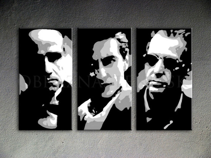 Рачно насликана слика на платно со мотив GODFATHER во црно-бело нијанси, драматична атмосфера, минимализам | Рачно насликана POP Art слика GODFATHER – производ [YOBPPGOD2-120X80-24H]
