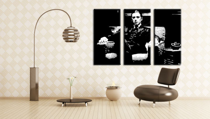 Рачно насликана слика на платно со мотив GODFATHER, шолја кафе во црно-бело нијанси, сила и моќ и филмски свет | Рачно насликана POP Art слика GODFATHER – главна