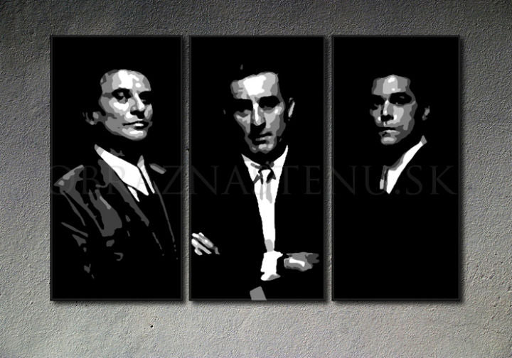 Рачно насликана слика на платно со мотив Goodfellas, маж во одело во црно-бело нијанси, драматична атмосфера, тајна | Рачно насликана POP Art слика Goodfellas – производ