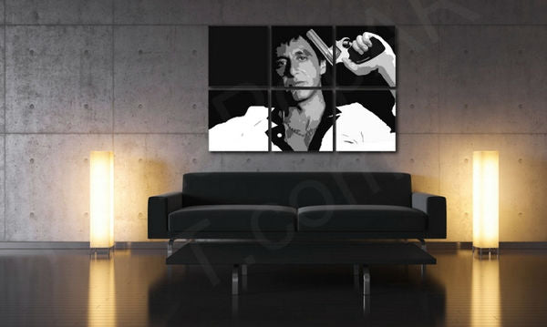 Поп арт слика на платно со мотив Scarface - AL PACINO, природа во бело-црно нијанси закачена во ентериер на дневна соба, филмски свет и градски живот – ентериер