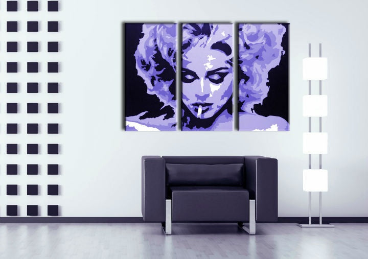 Поп арт слика со мотив MADONNA, цигара, природа во виолетово-црно нијанси | Рачно насликана POP Art слика MADONNA, слава и иконографија – преглед