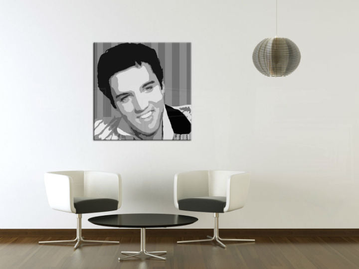 Поп арт слика на платно со мотив Elvis Presley, природа во бело-сиво нијанси закачена во ентериер на дневна соба, рок и рол и слава | Рачно насликана POP Art слика Elvis Presley – ентериер