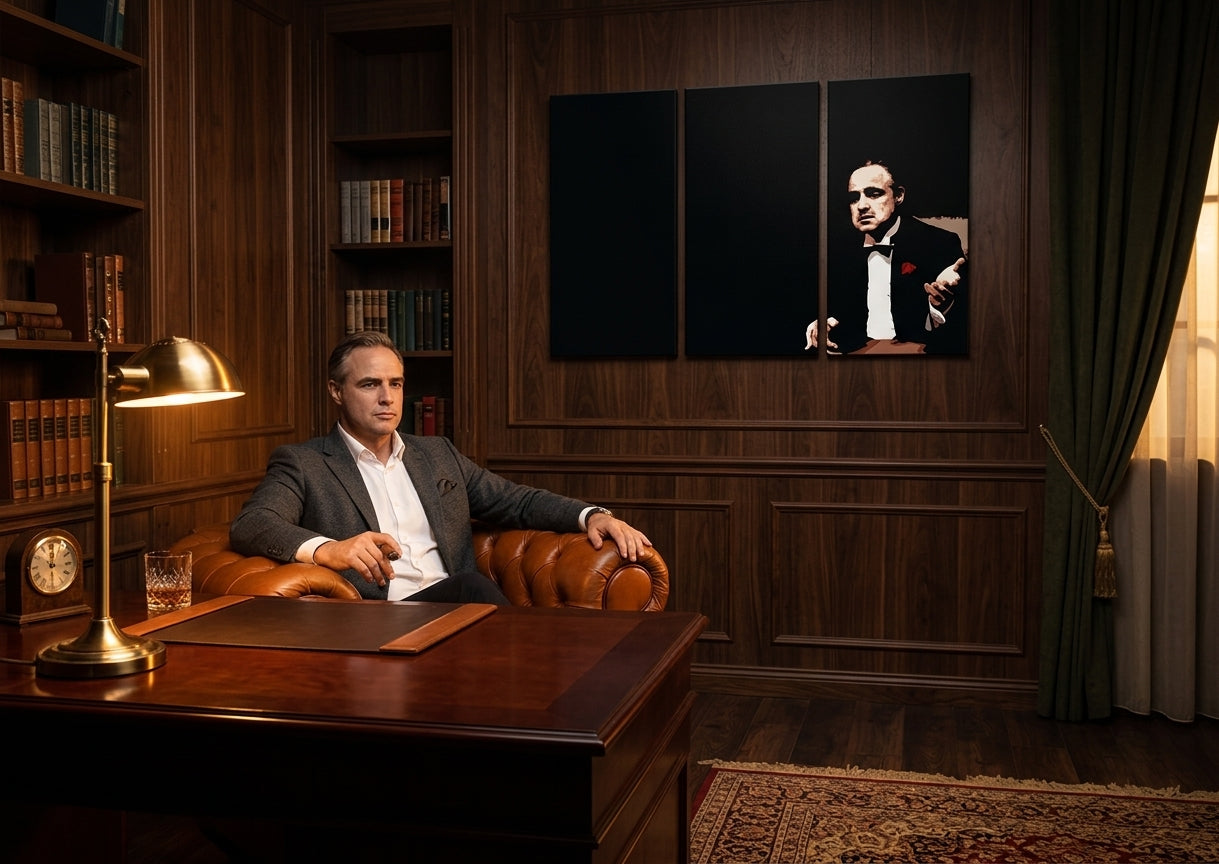 Поп арт слика на платно со мотив Marlon Brando, природа во црно нијанси закачена во ентериер на дневна соба, драматична атмосфера, сила и моќ и елеганција – ентериер