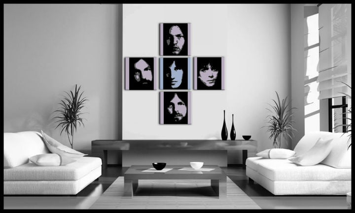 Поп арт слика на платно со мотив Pink Floyd 4 делен pf, природа во бело-сино нијанси закачена во ентериер на канцеларија, музичка историја – ентериер
