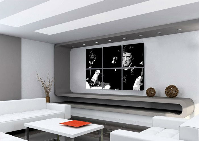 Рачно насликана слика на платно со мотив SCARFACE-AL PACINO во црно-бело нијанси, драматична атмосфера, филмски свет и луксузен впечаток | Рачно насликана POP Art слика SCARFACE-AL PACINO – главна