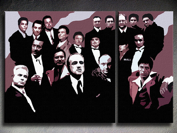 Поп арт слика на платно со мотив The MAFIA Family, автомобил во бело-црно нијанси, драматична атмосфера, семејство и сила и моќ, погоден за дневна соба – главна