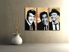 Поп арт слика на платно со мотив Rat Pack, природа во бело-црвено нијанси закачена во ентериер на дневна соба, носталгична атмосфера, музичка историја – ентериер, поглед 2