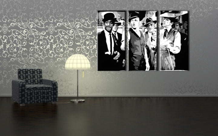 Поп арт слика на платно со мотив Rat Pack, природа во бело-црвено нијанси закачена во ентериер на дневна соба, носталгична атмосфера, музичка историја – ентериер, поглед 3