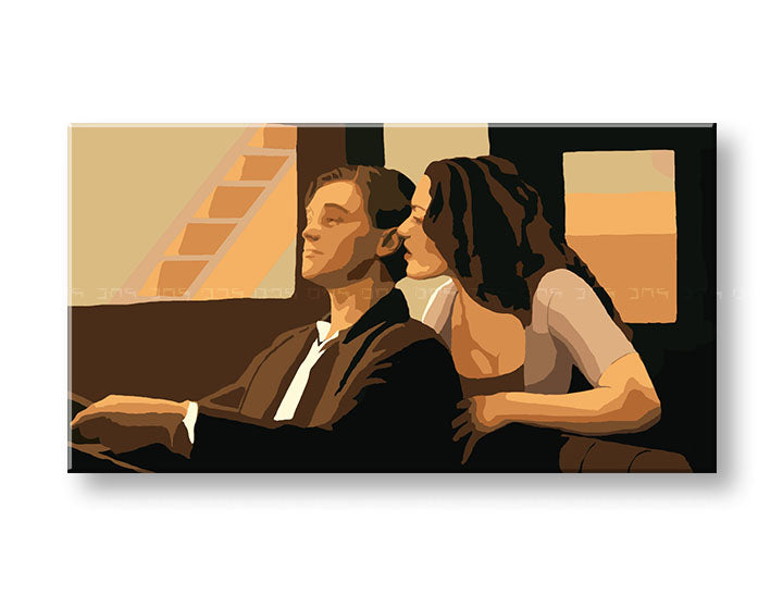 Поп арт слика на платно со мотив TITANIC во беж-кафеаво нијанси, интимна атмосфера, љубов и филмски свет, погоден за дневна соба | Рачно насликана POP Art слика TITANIC – главна