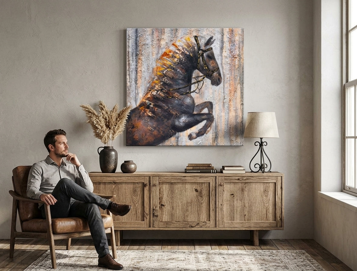 Модерна слика на платно со мотив КОЊ 75x75 cm, коњ во кафеаво нијанси закачена во ентериер на дневна соба, рустикална атмосфера, природа и сила | Насликана слика за ѕид КОЊ 75x75 cm – ентериер