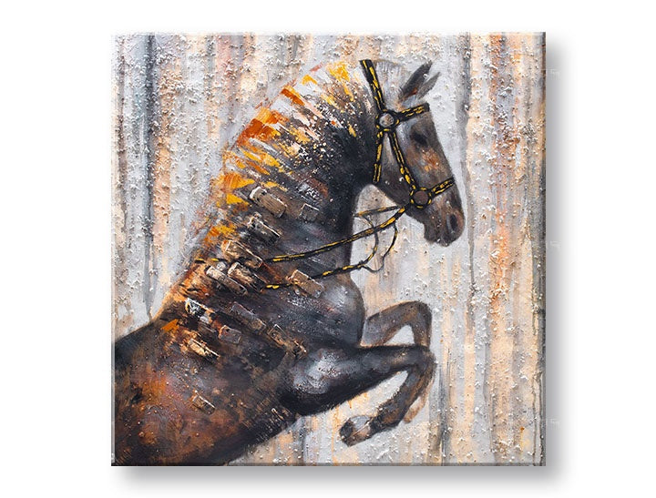 Модерна слика со мотив КОЊ 75x75 cm, коњ во кафеаво нијанси | Насликана слика за ѕид КОЊ 75x75 cm, природа и сила – преглед