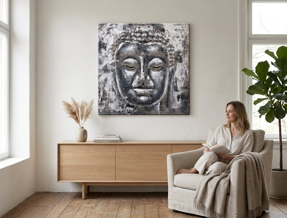 Рачно насликана слика на платно со мотив BUDHA, Buddha во бело-сиво нијанси закачена во ентериер на дневна соба, мирна атмосфера, духовност – ентериер