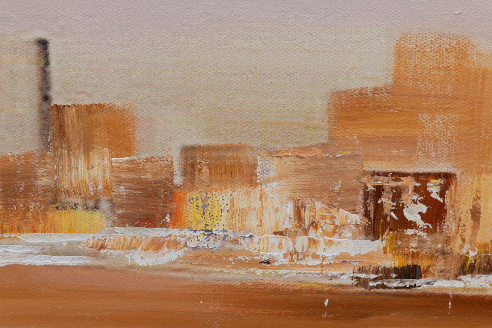 Рачно насликана слика на платно со мотив пејзаж во беж-кафеаво нијанси, мирна атмосфера, погоден за ходник | Насликана слика за ѕид ГРАД – производ, поглед 2