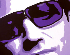 Рачно насликана слика на платно со мотив Bono-U2 во виолетово-црно нијанси, тајна и градски живот | Рачно насликана POP Art слика Bono-U2 – производ, поглед 2