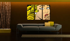 Рачно насликана слика на платно со мотив LICHTENSTEIN, коса во жолто-црно нијанси, меланхолична атмосфера, поп култура | Рачно насликана POP Art слика LICHTENSTEIN – главна