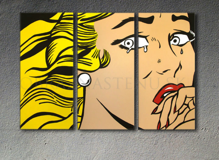 Рачно насликана слика на платно со мотив LICHTENSTEIN, коса во жолто-црно нијанси, меланхолична атмосфера, поп култура | Рачно насликана POP Art слика LICHTENSTEIN – производ