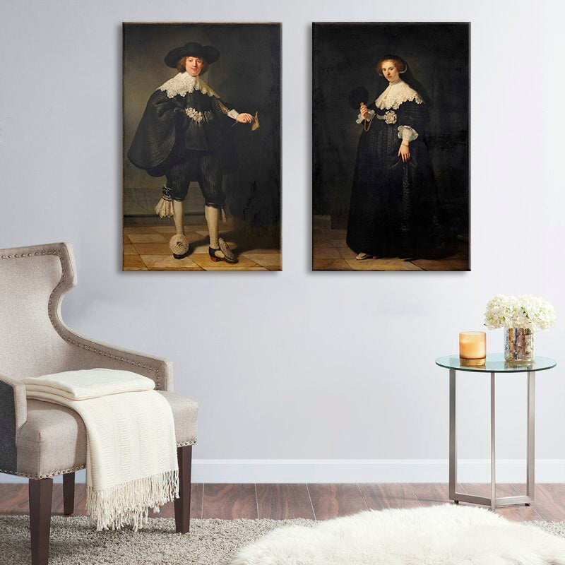 Винтиџ слика со мотив маж, жена, пар во бело-беж нијанси | Слика на платно Rembrandt - Portréty Martena Soolmansa и Oopjena Coppita – преглед