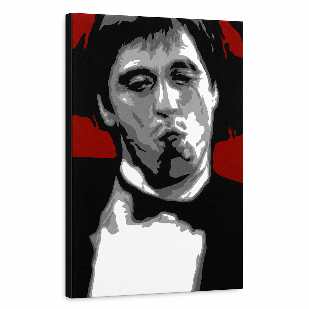 Рачно насликано POP ART сликарство AL PACINO 70x100 cm – 3D визуелизација на рачно сликана платно на бел фон. Доминантни бои: červená, čierna, sivá, biela.