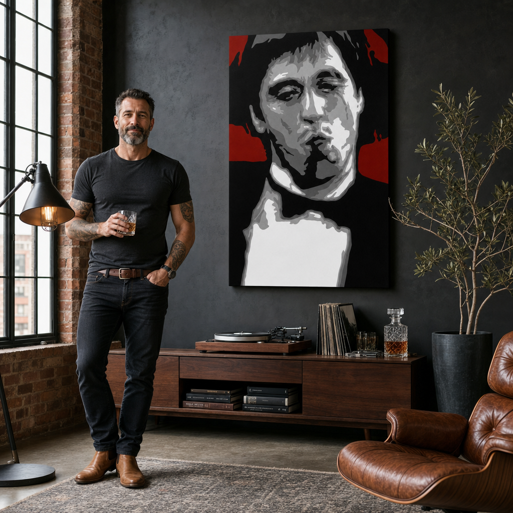 Рачно насликано POP ART сликарство AL PACINO 70x100 cm – слика во модерен машки ентериер, lifestyle визуелизација. Доминантни бои: červená, čierna, sivá, biela.