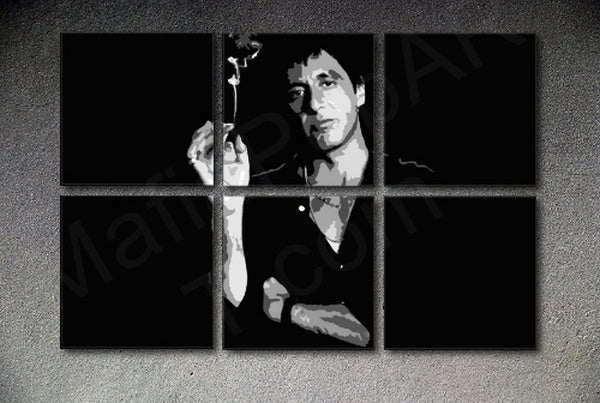 Поп арт слика на платно со мотив SCARFACE-AL PACINO 6 делен XXL Akcia al8, цвет во сиво-црно нијанси, драматична атмосфера, погоден за дневна соба – главна
