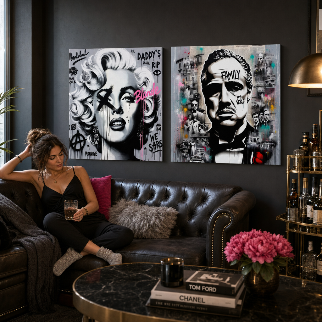 Впечатлив сет од 2 слики Филмски Легенди со Marilyn Monroe и Кум, во street-art поп-арт стил, поставен над комода во стилска дневна соба.