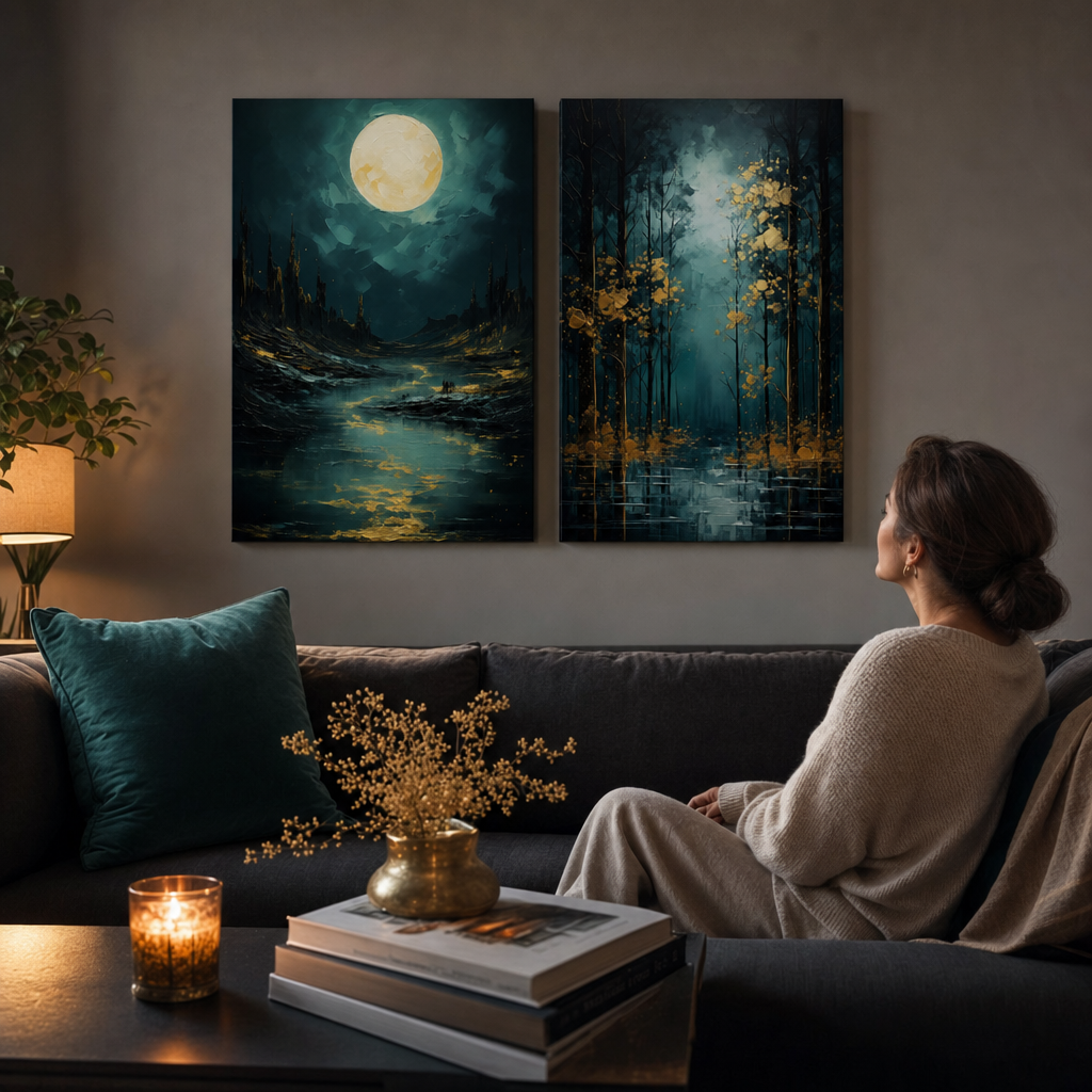 Сет од 2 слики Златна природа — Месечина над карпи и Златна лисна фантазија, платна над софа во дневна соба.