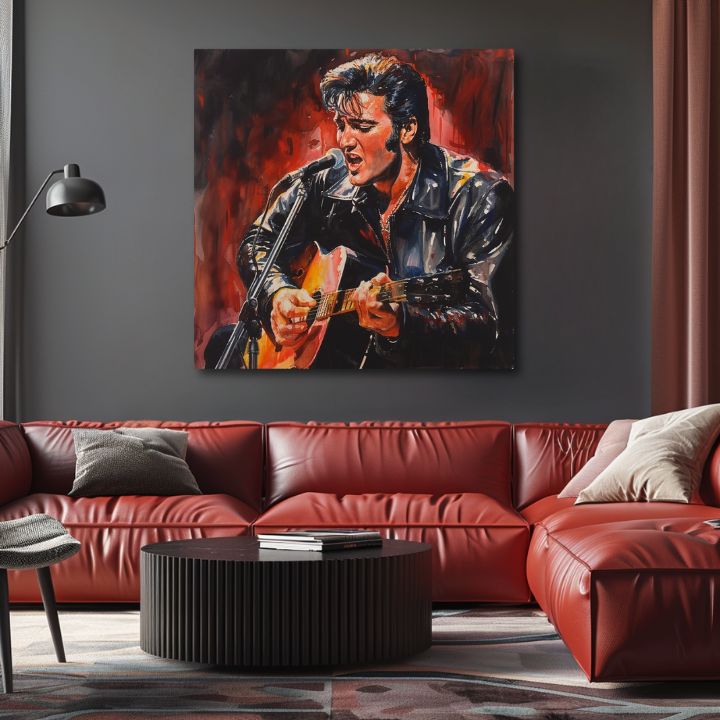 Слика Елвис Присли над црвена софа во дневна соба – дел од сет Rock Legends, уникатна декорација за дом