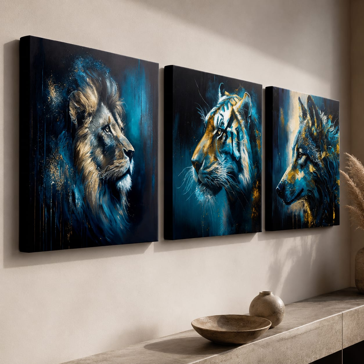 Сет Wild Kingdom детаљ – три слики на ѕид одблизу, видливи gallery-wrap рабови и рачно нанесени акрилни детали.