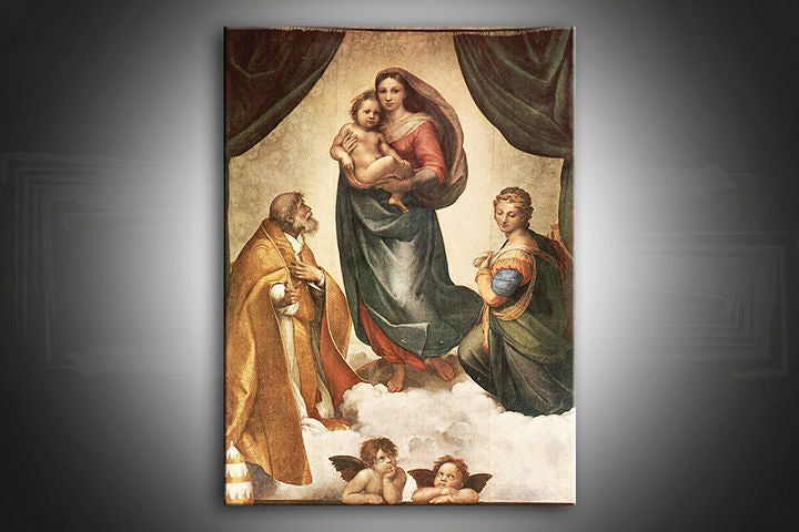 Ренесансна слика на платно со мотив Sixtínská Madona – Raffaello Santi, klasické dielo, náboženské umenie во зелено-златно нијанси | Слика на платно Sixtínská Madona – Raffaello Santi – главна