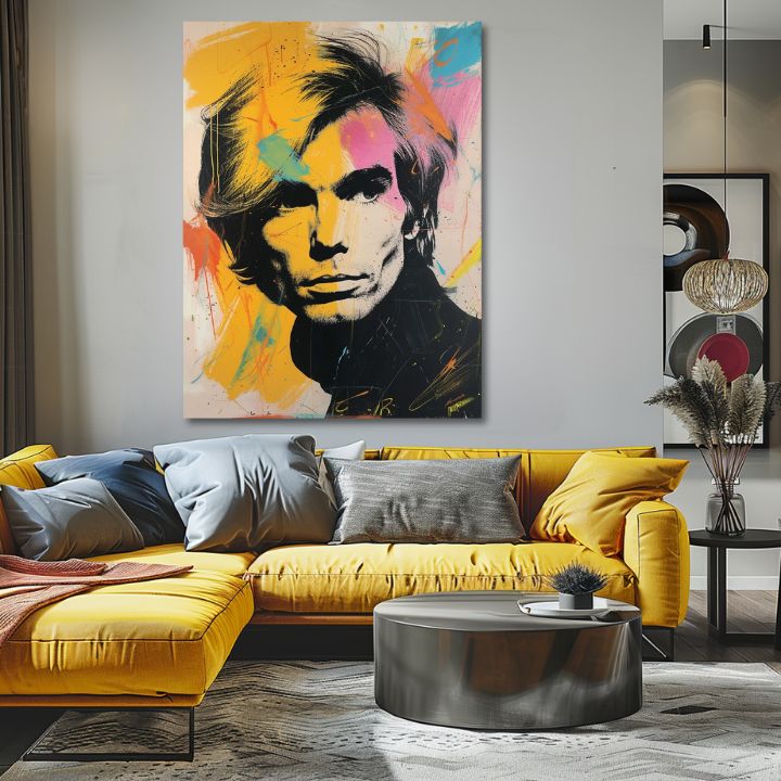 Модерна слика на платно со мотив Andy Warhol - Farby popovej revolúcie, коса во црно-жолто нијанси, енергична атмосфера | Слика Andy Warhol - Farby popovej revolúcie – производ, поглед 2