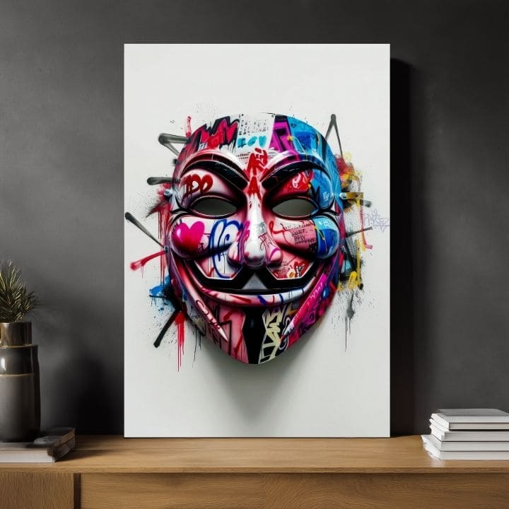 Модерна слика на платно со мотив Anonymous Mask во бело-црно нијанси, енергична атмосфера | Слика Anonymous Mask – производ