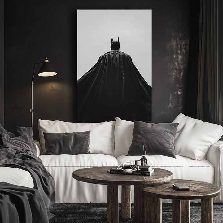 Модерна слика на платно со мотив Batman: Strážca noci во црно-бело нијанси, драматична атмосфера, самотија и сила и моќ | Слика Batman: Strážca noci – производ