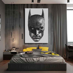 Модерна слика на платно со мотив Batman: Hlava spravodlivosti, маска во црно-бело нијанси, интензивна атмосфера | Слика Batman: Hlava spravodlivosti – производ