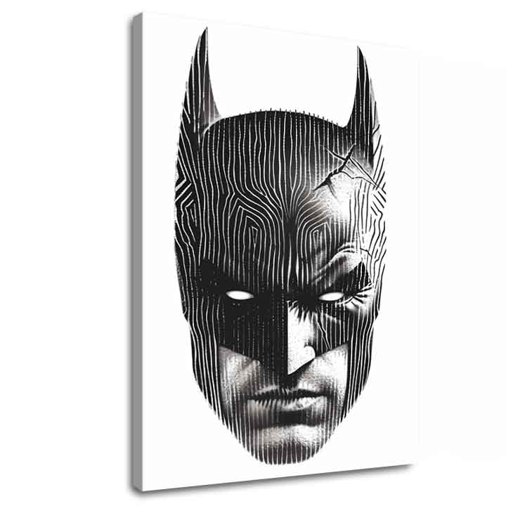 Модерна слика на платно со мотив Batman: Hlava spravodlivosti, маска во црно-бело нијанси, интензивна атмосфера | Слика Batman: Hlava spravodlivosti – главна