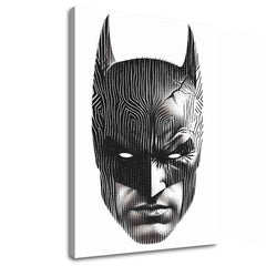Модерна слика на платно со мотив Batman: Hlava spravodlivosti, маска во црно-бело нијанси, интензивна атмосфера | Слика Batman: Hlava spravodlivosti – главна