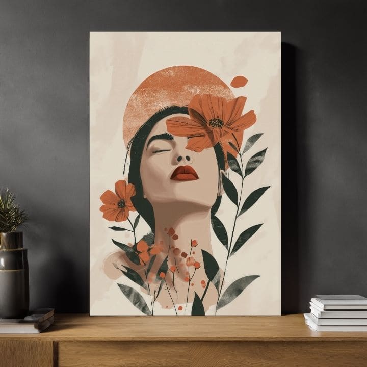 Модерна слика на платно со мотив Blooming Soul, цвеќиња, сонце, листови во кремово-портокалово нијанси, мирна атмосфера, природа и убавина | Слика Blooming Soul – производ