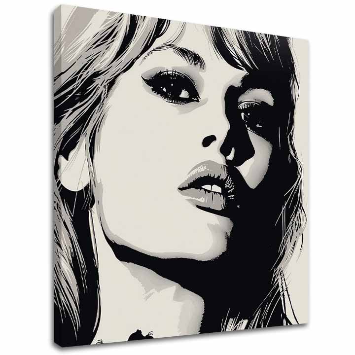 Модерна слика на платно со мотив Brigitte Bardot - Елеганција 60. rokov, коса во бело-црно нијанси, драматична атмосфера | Слика Brigitte Bardot - Елеганција 60. rokov – главна