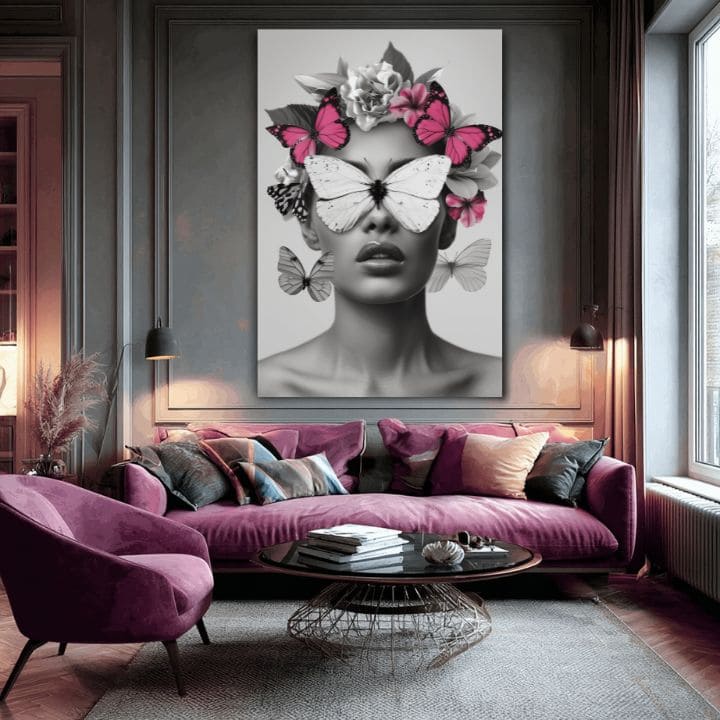 Модерна слика на платно со мотив Butterfly Vision, пеперутки, цвеќиња во бело-црно нијанси, етерична атмосфера, убавина и соништа | Слика Butterfly Vision – производ, поглед 2