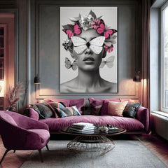 Модерна слика на платно со мотив Butterfly Vision, пеперутки, цвеќиња во бело-црно нијанси, етерична атмосфера, убавина и соништа | Слика Butterfly Vision – производ, поглед 2