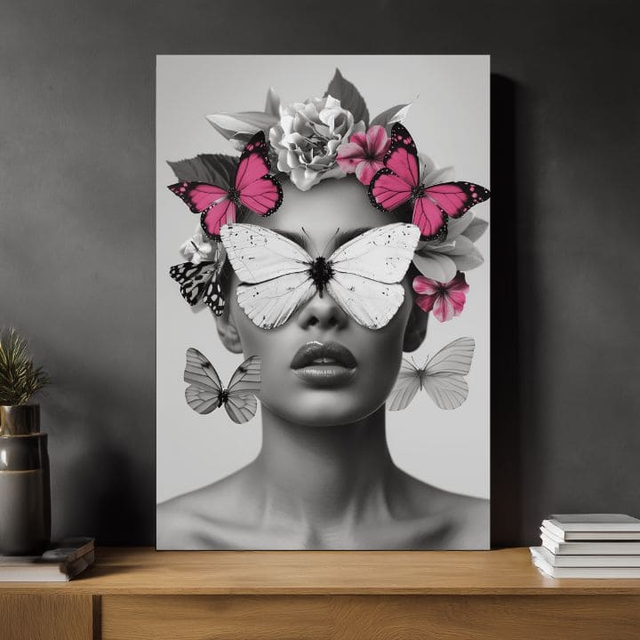 Модерна слика на платно со мотив Butterfly Vision, пеперутки, цвеќиња во бело-црно нијанси, етерична атмосфера, убавина и соништа | Слика Butterfly Vision – производ