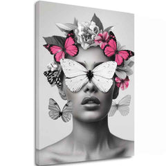 Модерна слика на платно со мотив Butterfly Vision, пеперутки, цвеќиња во бело-црно нијанси, етерична атмосфера, убавина и соништа | Слика Butterfly Vision – главна