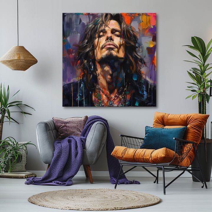 Модерна слика на платно со мотив Chris Cornell - Hlas grunge scény во виолетово-портокалово нијанси, рок и рол | Слика Chris Cornell - Hlas grunge scény – производ, поглед 2