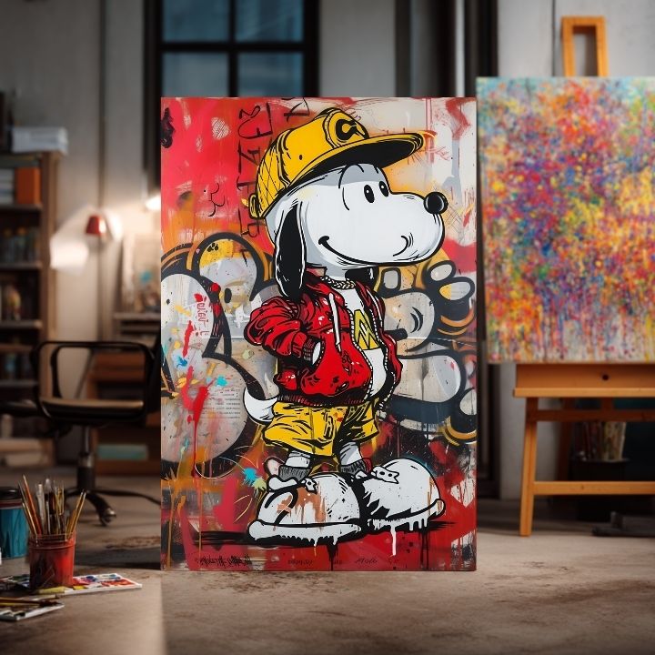 Модерна слика на платно со мотив Cool Snoopy na платно во црвено-жолто нијанси, енергична атмосфера, поп култура и градски живот | Слика Cool Snoopy na платно – производ, поглед 2