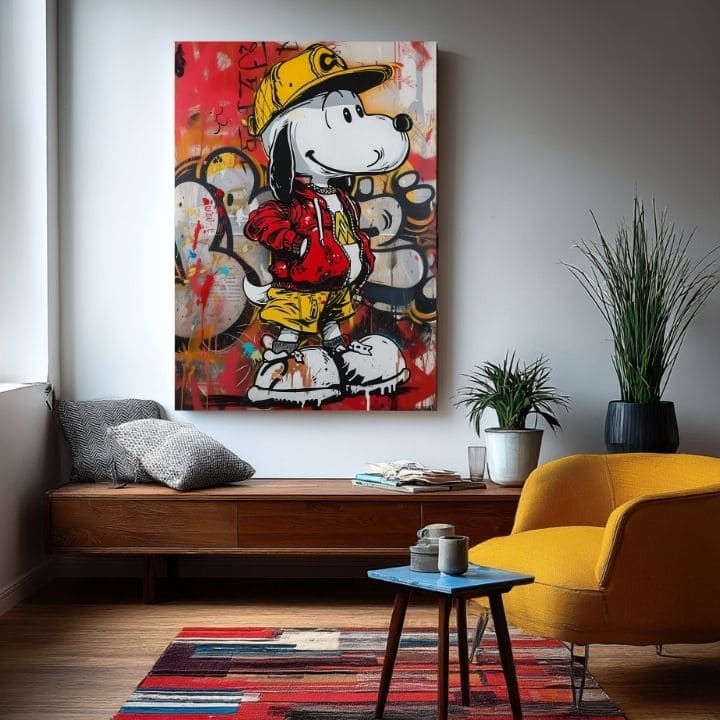 Модерна слика на платно со мотив Cool Snoopy na платно во црвено-жолто нијанси, енергична атмосфера, поп култура и градски живот | Слика Cool Snoopy na платно – производ