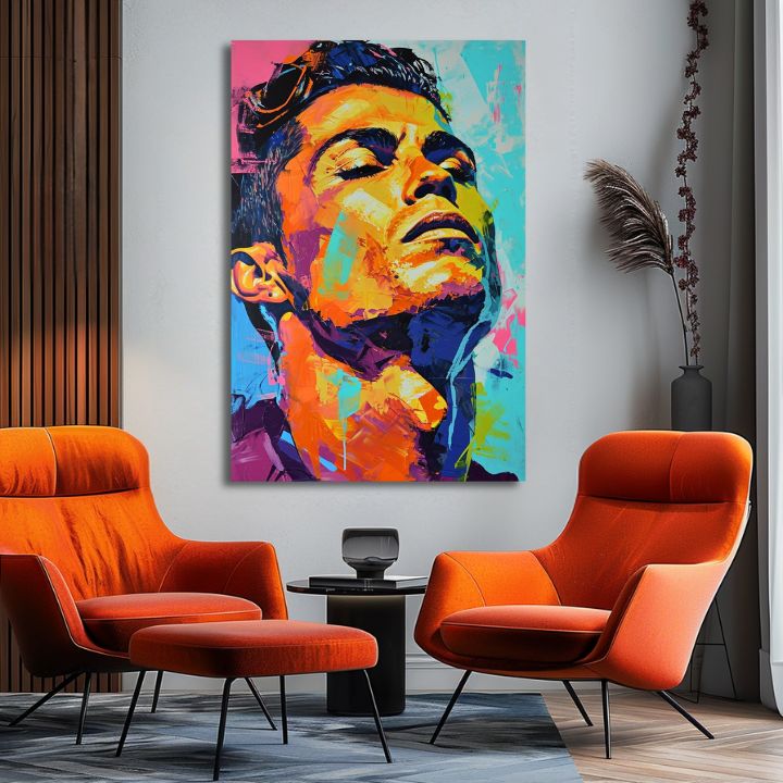 Модерна слика на платно со мотив Cristiano Ronaldo - Energia víťaza во портокалово-виолетово нијанси, енергична атмосфера, слава | Слика Cristiano Ronaldo - Energia víťaza – производ, поглед 2