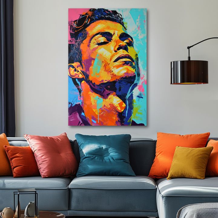 Модерна слика на платно со мотив Cristiano Ronaldo - Energia víťaza во портокалово-виолетово нијанси, енергична атмосфера, слава | Слика Cristiano Ronaldo - Energia víťaza – производ